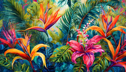 Wall Mural - colorful tropical flowers art painted on the walls. The composition emphasizes the lush, vivid colors and detailed patterns, evoking a sense of tropical paradise.