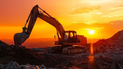 Sticker - Excavator at a construction site against the setting sun 