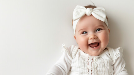 Wall Mural - A smiling baby with a white bow headband and a white outfit against a plain background, radiating innocence and joy.