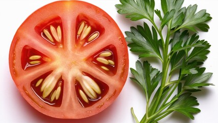 Canvas Print - A tomato and a green leaf on white background, AI