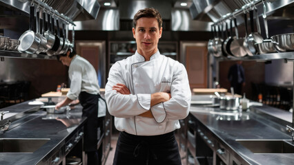 Wall Mural - A man standing in a kitchen with his arms crossed, AI