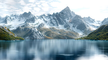 Naklejka na meble Beautiful mountain range with a large body of water in the foreground isolated on transparent background