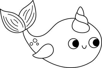Wall Mural - Vector black and white happy narval unicorn. Fantasy water animal with rainbow horn. Fairytale or mermaid character for kids. Cartoon magic creature line icon or coloring page