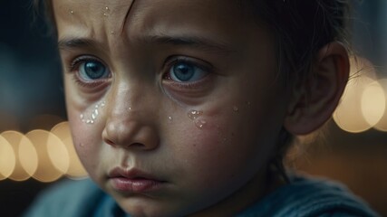 A serious human face with a teardrop Sad child crying.