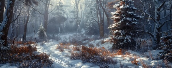 A snowy path winding through a quiet forest.