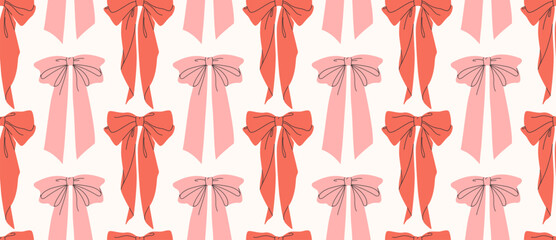 Wall Mural - Minimalistic seamless pattern with red and pink flat decorative bows for gifts, for hair on white background. Vector illustration EPS10 for wallpaper, banners, fabric, packaging, notebook.