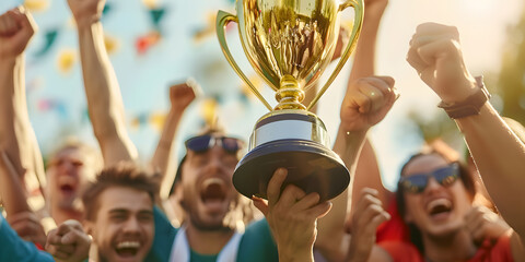 Poster - People cheering with gold trophy for winning team in group celebration. Concept Sports, Victory, Celebration, Teamwork, Awards