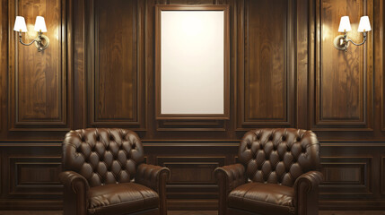 Two brown leather armchairs in a woodpaneled room with sconces