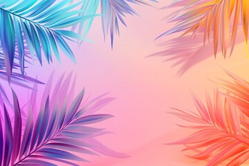 Wall Mural - Tropical and palm leaves in gradient holographic neon colors. Summer party, travel, holiday, vacation. Retro background with copy space for banner, poster, invitation