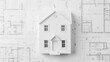 © Nakarin - Detailed house model made of balsa wood on black and white blueprints, with an architect's scale and vintage drafting tools, classic and professional look
