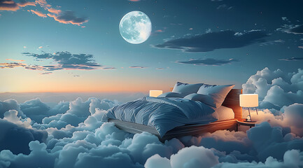 Bed Floating Above Fluffy Clouds With a Full Moon and Night Sky