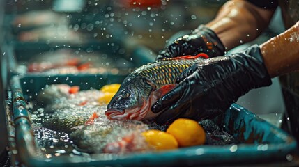 Wall Mural - A person is washing fish in a blue container