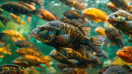 A school of fish swimming in a tank