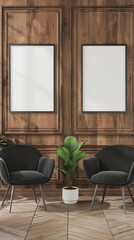 Wall Mural - Two minimal black armchairs in a room with wooden wall panels an