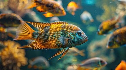 A fish with a blue and orange body swims in a tank with other fish