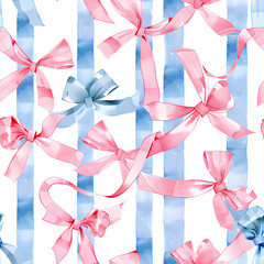 Wall Mural - Beautiful geometric seamless pattern with watercolor hand drawn pink bows and blue stripes. Stock illustration. Wallpaper design.