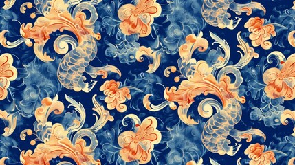 Wall Mural - Watercolor Floral Design on Blue Background - Seamless Pattern