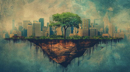 Floating Cityscape with Tree: Surreal Urban Landscape