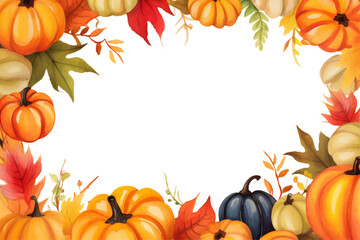 Wall Mural - Autumn pumpkins and leaves border on white background with copy space, watercolor illustration