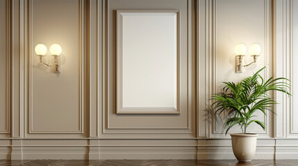 Wall Mural - Elegant wall paneling with plant and blank picture frame