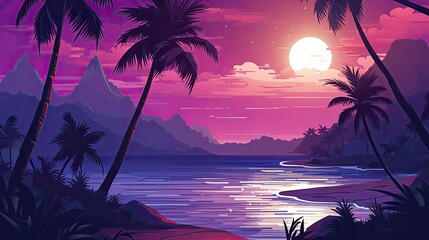 Poster - tropical sunset with palm trees