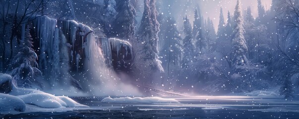 Wall Mural - A snowy landscape with a frozen waterfall.