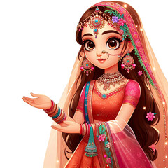 girl in traditional Indian wedding costume, Indian bridal costume  2D cartoon illustration, graphic element  isolated on transparent background PNG Image 