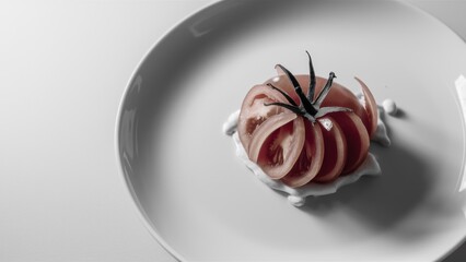 Sticker - A white plate with a tomato on it and some cream, AI