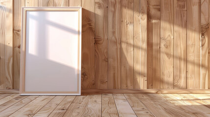 Wall Mural - Blank frame on wooden background with sunlight and shadows