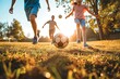 © Art Gallery - Kid kicking football ball while playing with his family - Active family having fun outdoors enjoying leisure time - Childhood and happy lifestyle, Generative AI