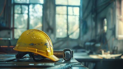 Poster - Yellow safety helmet on workbench with construction 