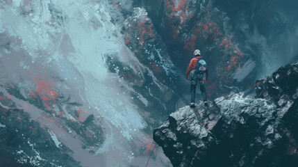 Wall Mural - A climber ascending a winding mountain path with rocks as obstacles, wearing climbing gear, climbing pose