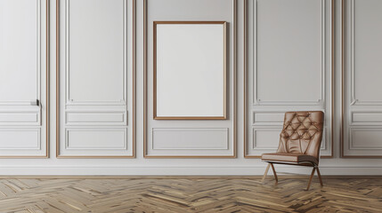 Wall Mural - Elegant room with a single chair and blank frame on the wall