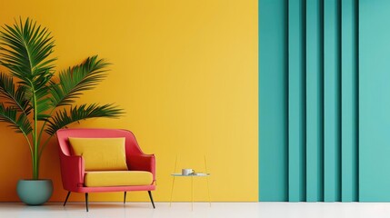 Colorful modern interior with a red armchair, vibrant yellow and green walls, and a potted plant in a minimalist living room scene.