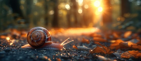 Wall Mural - Snail on a Path with Sunset in the Background