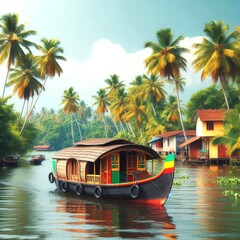 Kerala house boat in river, coconut trees  Kerala backwater scene background, Gods on country 