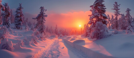 Wall Mural - Sunset in a Snowy Forest