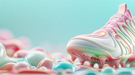 Wall Mural - A detailed 3D illustration of a soccer shoe, reimagined in a Memphis style with a focus on clear lines and intricate detailing. The use of pastel colors adds a touch of whimsy, while the minimalist