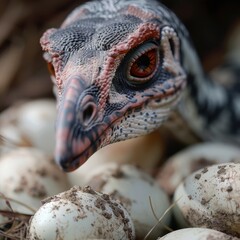 Wall Mural - Gigantoraptor in a nesting area with eggs, beautifully detailed and lifelike, [Dinosaur], [Prehistoric Nesting]