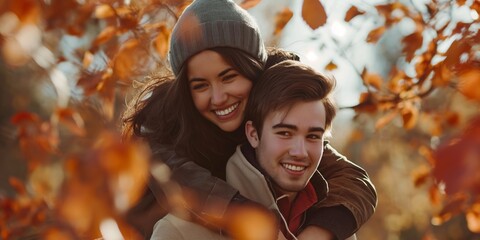 Wall Mural - A romantic couple enjoys a walk in the autumn woods, surrounded by vibrant foliage.