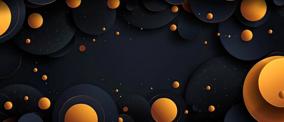 Wall Mural - Abstract dark background with layered circular shapes and orange spheres, ideal for modern design projects.