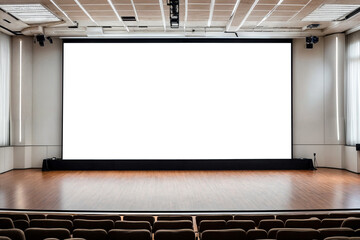 Large projection screen on stage in conference hall, blank billboard. Screen display for creative design, presentation board, free space advertisement. Advertising mock-up concept. Copy ad text space