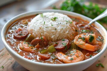 A bowl of gumbo, a hearty stew with shrimp, sausage, okra, and spices, served with a scoop of white rice. 