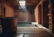 © Mariana Rusanovschi - Interior of a wooden sauna with leaving steam in a hot tub.