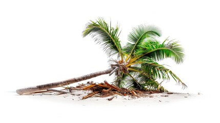 A fallen palm tree rests on a sandy beach with scattered debris, set against a plain white background.