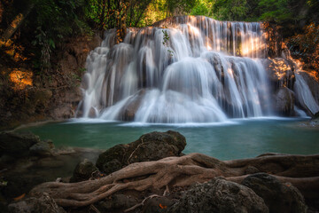 Huay mae kamin waterfall in khuean srinagarindra national park. the beautiful and famous waterfall in deep forest, kanchanaburi province, thailand.