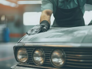 Mechanic detailing a classic car's hood. Close-up of hands and old vehicle in an auto workshop. Professional car care service in action.