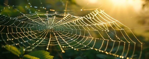 A close-up of dew drops on a spider web in the morning.