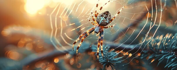 A close-up of a spider weaving its web between two branches.