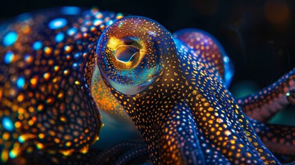 Wall Mural - close-up of a squid's eye, showing its iridescent skin and golden dots in a deep blue water environm